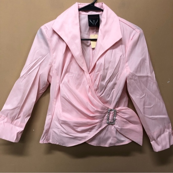 Veronique Young tie-waist formal blouse Pink Bling Detail Size 4 NWT - Picture 1 of 8